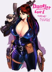 Rule 34 | 1girl, belt, belt pouch, blue eyes, bodysuit, breasts, brown hair, center opening, character name, cleavage, closed mouth, copyright name, cowboy shot, cropped legs, curvy, danger girl, earrings, expressionless, gun, handgun, high collar, hip focus, holding, holding gun, holding weapon, holster, huge breasts, jewelry, leather, legs apart, lipstick, long hair, looking to the side, makeup, over shoulder, parted bangs, pouch, red hair, rifle, shiny clothes, simple background, sketch, solo, standing, sydney savage, thigh holster, thigh strap, trigger discipline, ukatsu juuzou, unzipped, very long hair, weapon, weapon over shoulder, whip, white background, wide hips, zipper