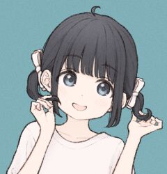 Rule 34 | 1girl, 1ssakawaguchi, ahoge, black hair, blue background, blue eyes, blunt bangs, blush, bow, collarbone, hair bow, looking at viewer, open mouth, original, pink bow, shirt, short hair, short sleeves, short twintails, simple background, smile, solo, twintails, white shirt
