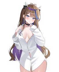 Rule 34 | 1girl, absurdres, airi kanna, antenna hair, black choker, blue eyes, breasts, brown hair, button gap, choker, closed mouth, collared shirt, colored inner hair, cowboy shot, dress shirt, embarrassed, frown, hands up, highres, horns, long hair, long sleeves, looking at viewer, medium breasts, multicolored hair, naked shirt, nannung, navel, navel peek, shirt, simple background, solo, standing, stellive, two-tone hair, very long hair, virtual youtuber, white background, white shirt
