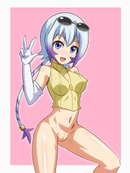 Rule 34 | 1girl, blush, bottomless, breasts, cleft of venus, covered erect nipples, digimon, digimon xros wars, elbow gloves, eyewear on head, fang, female focus, gloves, heigako, highres, personification, purple eyes, pussy, sunglasses, tailmon, uncensored, v, white hair