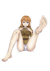 Rule 34 | 1girl, absurdres, blue eyes, blush, breasts, brown hair, charlotte e. yeager, dodo (purofu hitsudoku), feet, highres, large breasts, looking at viewer, panties, simple background, smile, soles, solo, strike witches, toes, underwear, white background, white panties, world witches series
