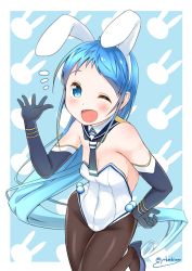 Rule 34 | 1girl, alternate costume, animal ears, bare shoulders, blue eyes, blue hair, blush, breasts, cleavage, commentary request, detached collar, elbow gloves, fake animal ears, gloves, hair between eyes, hand on own hip, high heels, kantai collection, leotard, long hair, looking at viewer, necktie, one eye closed, pantyhose, playboy bunny, rabbit ears, samidare (kancolle), small breasts, solo, yokoshima (euphoria)