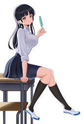 Rule 34 | 1girl, absurdres, black hair, black socks, blue skirt, boku no kokoro no yabai yatsu, breasts, brown eyes, closed mouth, collared shirt, commentary request, desk, food, highres, holding, holding food, holding popsicle, kneehighs, kyouji44288608, large breasts, long hair, looking at viewer, on desk, pleated skirt, popsicle, school desk, shirt, simple background, sitting, on desk, skirt, smile, socks, solo, white background, white footwear, white shirt, yamada anna