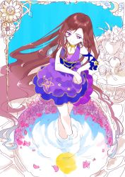 Rule 34 | 1girl, absurdly long hair, aikatsu! (series), aikatsu stars!, arm ribbon, brown hair, candle, choker, closed mouth, cup, dress, flower, framed, from above, highres, in water, jewelry, kasumi yozora, long hair, looking down, mitsuhashitaeko, own hands together, petals, petals on liquid, plant, potted plant, purple dress, purple eyes, reflection, ribbon, sketch, sleeveless, smile, solo, standing, table, teacup, teapot, vase, very long hair, wading, wavy hair