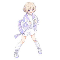 Rule 34 | 1girl, absurdres, blonde hair, blunt bangs, choker, clenched hands, commentary, felutiahime, full body, highres, hololive, hololive dev is, iridescent, jacket, long sleeves, open mouth, purple eyes, shirt, shoes, short hair, short twintails, shorts, simple background, sleeves past wrists, smile, socks, solo, todoroki hajime, twintails, two side up, virtual youtuber, white background, white footwear, white shirt, white shorts