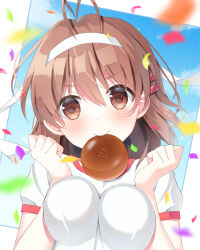 Rule 34 | &gt;:), 1girl, anpan, antenna hair, blush, breasts, breasts squeezed together, brown eyes, brown hair, clannad, clenched hands, close-up, closed mouth, commentary request, confetti, detached sleeves, eyes visible through hair, food, furukawa nagisa, gym uniform, hair between eyes, hair ornament, hair ribbon, hairclip, hands up, haruchimo, highres, looking at viewer, medium breasts, medium hair, ribbon, shirt, short sleeves, smile, smug, solo, straight-on, tareme, v-shaped eyebrows, white ribbon, white shirt