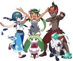 Rule 34 | 1boy, 2girls, alolan form, alolan marowak, arms up, baggy pants, black hair, blue eyes, blue hair, blue sailor collar, blush, bright pupils, capri pants, creatures (company), dark-skinned male, dark skin, fish, flower, game freak, gen 7 pokemon, green eyes, green hair, hair flower, hair ornament, hairband, jewelry, kiawe (pokemon), lana (pokemon), long hair, looking at viewer, mallow (pokemon), matching hair/eyes, multicolored hair, multiple girls, necklace, nintendo, one-piece swimsuit, open mouth, outstretched arms, pants, poke ball, pokemon, pokemon (creature), pokemon sm, red hair, sailor collar, sandals, school swimsuit, short hair, shorts, siblings, simple background, sleeveless, smile, spread arms, steenee, swimsuit, swimsuit under clothes, tonami kanji, topless male, trial captain, twintails, two-tone hair, very dark skin, water, white background, wishiwashi, wishiwashi (school), wishiwashi (solo)