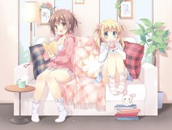 Rule 34 | &gt; &lt;, 2girls, :d, :o, ahoge, blanket, blonde hair, blue eyes, blush, book, book stack, bow, breasts, brown hair, cleavage, closed eyes, constellation, copyright request, couch, cup, cushion, feet, fish, flower, frilled legwear, frills, full body, glasses, hair bow, hair ribbon, head tilt, hood, hoodie, image sample, imageboard sample, indoors, jewelry, knees together feet apart, long hair, mug, multiple girls, necklace, no shoes, open mouth, pan (mimi), pink ribbon, plant, pom pom (clothes), ponytail, portrait (object), potted plant, rabbit, red-framed eyewear, ribbon, shirt, sitting, sleeves past wrists, smile, socks, steam, striped clothes, striped legwear, striped socks, table, two side up, unworn eyewear, white legwear, white shirt, window