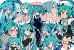 Rule 34 | 1girl, aqua eyes, aqua hair, aqua necktie, bare shoulders, belt, black skirt, black sleeves, black thighhighs, blush, clenched teeth, closed eyes, commentary, crossed arms, detached sleeves, female focus, from side, grey shirt, grin, hair between eyes, hair ornament, half-closed eyes, hand grab, hands on own chest, hatsune miku, headphones, headset, highres, hugging own legs, knees to chest, long hair, looking at viewer, multiple views, necktie, petals, pout, pouty lips, pov, satou asuka, shirt, shoulder tattoo, sitting, skirt, sleeveless, sleeveless shirt, smile, speech bubble, surprised, tattoo, tears, teeth, thighhighs, translated, twintails, v-shaped eyebrows, very long hair, vocaloid, wide-eyed, zettai ryouiki