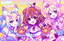 Rule 34 | 3girls, animal ear fluff, animal ears, animal hands, blonde hair, blue dress, blue eyes, blue hair, bone hair ornament, breasts, brown hair, cleavage, dog ears, dog girl, dog paws, doughnut hair ornament, dress, food-themed hair ornament, fuwawa abyssgard, hair ornament, heart, heart hair ornament, highres, hololive, hololive english, inugami korone, kasumi koujou, large breasts, looking at viewer, mococo abyssgard, multicolored hair, multiple girls, one eye closed, open mouth, pancake hair ornament, pink dress, pink eyes, pink hair, siblings, sisters, smile, streaked hair, tongue, tongue out, twins, virtual youtuber, white dress