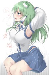 Rule 34 | 1girl, absurdres, armpits, bare legs, blue eyes, blue skirt, breasts, collared shirt, detached sleeves, empty eyes, exercise, frog hair ornament, from side, green hair, hair ornament, hair tubes, hands on own head, heavy breathing, highres, kochiya sanae, large breasts, long hair, motion blur, nontraditional miko, open mouth, shirt, single sidelock, skirt, sleeveless, sleeveless shirt, snake hair ornament, squatting, sweat, touhou, white background, white shirt, wide sleeves, youmu-kun