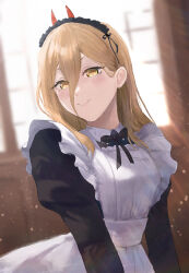 Rule 34 | 1girl, alternate costume, apron, black dress, black ribbon, blonde hair, chainsaw man, closed mouth, cross-shaped pupils, dress, enmaided, hair between eyes, highres, horns, icebuko, light particles, long hair, looking at viewer, maid, maid apron, maid headdress, neck ribbon, power (chainsaw man), puffy sleeves, red horns, ribbon, smile, solo, symbol-shaped pupils, white apron, window, yellow eyes