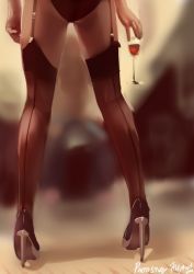 Rule 34 | 1girl, back-seamed legwear, black thighhighs, cup, drinking glass, from behind, garter straps, gradient background, head out of frame, high heels, legs, original, out of frame, photo-referenced, seamed legwear, solo, standing, thighhighs, tilt-shift (azalanz), wine glass