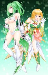 Rule 34 | 10s, 2girls, :d, armband, bare shoulders, blonde hair, blue eyes, boots, braid, breasts, circle, cleavage, closed mouth, detached sleeves, dress, dual persona, eyebrows, frills, frown, full body, gloves, gradient background, green background, green hair, green heart (neptunia), hair intakes, hair ornament, half updo, hand on own hip, highres, large breasts, leaning forward, long hair, looking at viewer, multiple girls, navel, neptune (series), oekakizuki, open mouth, ponytail, purple eyes, smile, spread fingers, square, stomach, strapless, symbol-shaped pupils, thighhighs, underboob, vert (neptunia), waving arm, white gloves