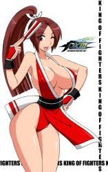 Rule 34 | 1girl, blush, breasts, brown eyes, brown hair, devil-v, fatal fury, female focus, large breasts, long hair, ponytail, shiranui mai, simple background, snk, solo, the king of fighters, white background