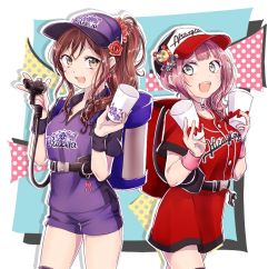 Rule 34 | 2girls, :d, alternate hairstyle, backpack, bad id, bad twitter id, bag, bang dream!, baseball cap, brown eyes, brown hair, buckle, charm (object), clothes writing, commentary request, cowboy shot, cup, earrings, flower, grey eyes, group name, hair flower, hair ornament, hair scrunchie, hat, hat ornament, headwear writing, holding, holding cup, hose, hose nozzle, imai lisa, jewelry, muchise, multiple girls, open mouth, outline, pink hair, ponytail, purple shirt, purple shorts, rabbit earrings, red flower, red rose, red scrunchie, red shirt, red skirt, rose, scrunchie, shirt, short sleeves, shorts, side ponytail, sidelocks, skirt, smile, sweatband, uehara himari, white outline
