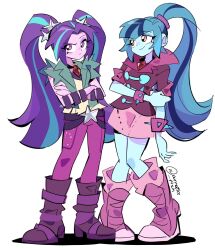 Rule 34 | 2girls, aqua hair, aria blaze, aria blaze (human), arm at side, arrcticc fish, artist name, averting eyes, bare arms, bare shoulders, belt, blue eyeshadow, blue hair, blue skin, blunt bangs, boots, bracelet, bright pupils, closed mouth, coat, collared coat, collared jacket, colored skin, crossed arms, eyeshadow, frown, full body, gem, green coat, hair ornament, hand on own arm, high heel boots, high heels, high ponytail, highres, jacket, jewelry, knees together feet apart, long hair, looking ahead, looking up, makeup, multicolored hair, multiple bracelets, multiple girls, my little pony, my little pony: equestria girls, my little pony: friendship is magic, necklace, open clothes, open coat, orange eyes, pants, parted bangs, pencil skirt, pink bracelet, pink footwear, pink jacket, pink pants, pink skirt, purple belt, purple bracelet, purple eyeshadow, purple footwear, purple hair, purple skin, raised eyebrow, red gemstone, shadow, shirt, short-sleeved jacket, short sleeves, sidelocks, skirt, sleeveless, sleeveless coat, sleeveless shirt, smile, sonata dusk, sonata dusk (human), spiked bracelet, spikes, standing, star (symbol), star hair ornament, streaked hair, third-party source, twintails, two-tone hair, very long hair, white pupils, white shirt