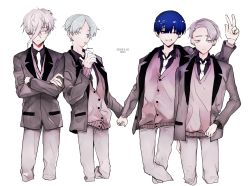 Rule 34 | 4others, alternate costume, antarcticite, aqua eyes, aqua hair, bad id, bad twitter id, blue eyes, blue hair, blunt bangs, cairngorm (houseki no kuni), contemporary, crossed arms, drinking, earrings, frown, grey hair, hair over one eye, holding hands, houseki no kuni, jacket, jewelry, looking at viewer, multiple others, necktie, one eye closed, other focus, phosphophyllite, phosphophyllite (ll), short hair, spoilers, sweater, v, white eyes, white hair