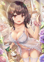 Rule 34 | 1girl, :d, animal, babydoll, bare shoulders, bed, bedroom, black hair, blurry, breasts, brown eyes, cat, cleavage, clock, collarbone, commentary request, depth of field, drawer, fang, flower, frills, hair ornament, hand up, highres, holding, lamp, large breasts, leaning forward, light rays, lingerie, long hair, looking at viewer, navel, open mouth, original, panties, purple flower, scrunchie, see-through, smile, solo, spaghetti strap, stomach, sunbeam, sunlight, table, thighhighs, thighs, torino aqua, underwear, white panties, white thighhighs, wrist scrunchie, yogurt