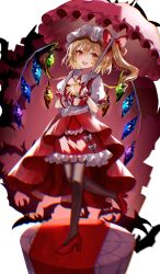 Rule 34 | 1girl, ascot, black pantyhose, blonde hair, blush, collared shirt, crystal, fang, flandre scarlet, frilled skirt, frills, hat, high heels, highres, holding, holding umbrella, long hair, mob cap, one side up, open mouth, pantyhose, pointy ears, puffy short sleeves, puffy sleeves, red eyes, red footwear, red skirt, red vest, sakizaki saki-p, shirt, short sleeves, skin fang, skirt, smile, solo, touhou, umbrella, vest, white hat, white shirt, wings, wrist cuffs, yellow ascot