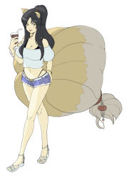 Rule 34 | 1girl, ahri (league of legends), animal ears, black hair, bracelet, breasts, casual, cleavage, contemporary, cup, cutoffs, facial mark, fox ears, fox tail, gin (miturugizin), highres, jewelry, large breasts, league of legends, long hair, midriff, multiple tails, panties, sandals, short shorts, shorts, tail, underwear, whisker markings, yellow eyes