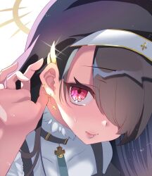 Rule 34 | artist request, bad id, bad pixiv id, black hair, blue archive, cross, earrings, highres, hinata (blue archive), jewelry, nun, red eyes, tagme