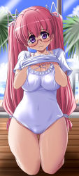Rule 34 | 1girl, breasts, cleavage, clothes lift, curvy, glasses, head tilt, hip focus, kneeling, large breasts, log-mi (tonpuu), long hair, one-piece swimsuit, original, pink hair, plump, purple eyes, shirt, shirt lift, solo, swimsuit, t-shirt, tonpuu, twintails, undressing, white one-piece swimsuit, wide hips