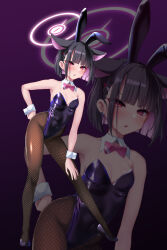 Rule 34 | 1girl, animal ears, bare shoulders, black hair, black pantyhose, blue archive, blunt bangs, blush, bow, bowtie, breasts, cat ears, cleavage, covered navel, detached collar, earrings, eyeliner, fishnet pantyhose, fishnets, hair ornament, hairclip, halo, hand on own hip, highres, jewelry, kazusa (blue archive), leotard, looking at viewer, makeup, multicolored hair, okuri banto, pantyhose, pink eyes, pink hair, playboy bunny, purple lips, rabbit ears, short hair, small breasts, solo, two-tone hair, wrist cuffs, zoom layer
