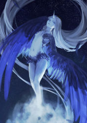 Rule 34 | 1girl, absurdly long hair, bird wings, blue eyes, blue theme, blue wings, breasts, feathered wings, feathers, flying, horns, long hair, looking at viewer, looking to the side, monster girl, navel, night, night sky, pixiv fantasia, pixiv fantasia fallen kings, silver hair, single horn, sky, small breasts, solo, star (sky), starry sky, stomach, very long hair, winged arms, wings, y in