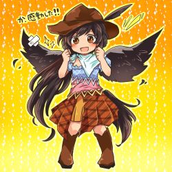 Rule 34 | + +, 1girl, arms up, bandana, bird wings, black hair, blush, boots, brown eyes, brown footwear, brown hat, chibi, clenched hands, cowboy boots, cowboy hat, crossed bandaids, dress, feathered wings, feathers, full body, gradient background, hat, hat feather, horse tail, kurokoma saki, layered dress, long hair, looking at viewer, open mouth, orange background, outline, ponytail, pote (ptkan), solo, sparkle background, standing, tachi-e, tail, torn clothes, torn dress, touhou, translation request, very long hair, wings, yellow background