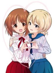 Rule 34 | 2girls, :d, arm around shoulder, arm around waist, blonde hair, blue eyes, blue neckwear, blue shirt, blue skirt, braid, brown eyes, brown hair, casual, collared shirt, commentary request, darjeeling (girls und panzer), dress shirt, girls und panzer, heart, heart hands, highres, long sleeves, looking at viewer, multiple girls, neck ribbon, necktie, nishizumi miho, open mouth, pleated skirt, red neckwear, red skirt, ribbon, rurikoke, shirt, short hair, side-by-side, simple background, skirt, smile, standing, twin braids, white background, white shirt, yuri