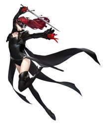 Rule 34 | 1girl, black leotard, black thighhighs, boots, coattails, cropped jacket, full body, gloves, high heel boots, high heels, leotard, long hair, mask, official art, open mouth, persona, persona 5, persona 5 the royal, red eyes, red gloves, red hair, simple background, soejima shigenori, solo, sword, thigh boots, thighhighs, weapon, white background, yoshizawa kasumi
