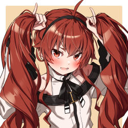 Rule 34 | 1girl, ahoge, bare shoulders, belt, blush, bow, bunching hair, detached sleeves, dress, eris greyrat, fang, hairband, highres, holding, holding own hair, long hair, long sleeves, looking at viewer, mushoku tensei, open mouth, red eyes, red hair, ribbon, shirt, simple background, solo, takanashi kei (hitsujikan), twintails, upper body, wavy mouth, white shirt