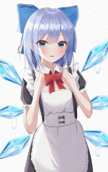Rule 34 | 1girl, absurdres, alternate costume, aohane, apron, black dress, blue bow, blue eyes, blue hair, blush, bow, cirno, detached wings, dress, enmaided, fairy, frilled sleeves, frills, hair between eyes, hair bow, highres, ice, ice wings, maid, maid headdress, open mouth, short hair, short sleeves, simple background, solo, touhou, white apron, white background, wings