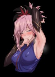 Rule 34 | 1girl, absurdres, arm behind head, arm up, armpit focus, armpits, asymmetrical hair, bad id, bad twitter id, bare shoulders, black background, blue eyes, blue kimono, blush, breasts, bridal gauntlets, commentary request, covered erect nipples, earrings, fate/grand order, fate (series), hair ornament, highres, japanese clothes, jewelry, kimono, large breasts, miyamoto musashi (fate), miyamoto musashi (first ascension) (fate), pink hair, ponytail, presenting armpit, sideboob, simple background, sleeveless, sleeveless kimono, smile, solo, steaming body, sweat, sweatdrop, swept bangs, tearing up, ulrich (tagaragakuin), upper body