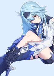 Rule 34 | 1girl, absurdres, black gloves, black hairband, blue hair, blue necktie, boots, breasts, chest harness, closed mouth, clothing cutout, cross-laced clothes, cross-laced cutout, eula (genshin impact), foot out of frame, full body, genshin impact, gloves, guishenshi, hair intakes, hair ornament, hairband, harness, head down, high-waist shorts, high heel boots, high heels, highres, knee up, long sleeves, medium breasts, medium hair, necktie, removing shoes, shorts, shoulder cutout, sitting, solo, thigh boots, two-tone gloves, vision (genshin impact), white sleeves, wide sleeves