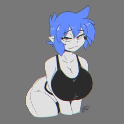 Rule 34 | 1girl, blue hair, borrowed character, breasts, chromatic aberration, cleavage, closed mouth, collarbone, emi (twistedgrim), highres, huge breasts, looking at viewer, original, partially colored, pointy ears, ryou sakai, short hair, short shorts, shorts, smile, solo, tank top