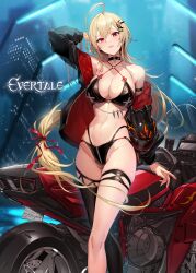 Rule 34 | 1girl, ahoge, arm up, bare shoulders, bikini, blonde hair, bow, bowtie, breasts, building, cleavage, commentary request, copyright name, criss-cross halter, earrings, evertale, fingernails, flame print, hair ornament, hairclip, halterneck, helmet, highleg, highleg bikini, highres, holding, jacket, jewelry, kakage, lamppost, large breasts, lisette (evertale), logo, long hair, long sleeves, looking at viewer, low-tied long hair, motor vehicle, navel, night, night sky, off shoulder, official art, open clothes, open jacket, open mouth, outdoors, red eyes, shiny skin, simple background, single thighhigh, sky, star (sky), starry sky, stomach, swimsuit, thigh strap, thighhighs, thighs, zipper