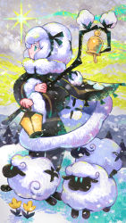 Rule 34 | 1girl, absurdres, aqua eyes, bell, cloud, cloudy sky, cookie run, cotton cookie, flower, full body, fur trim, highres, holding, holding staff, kaneni, long sleeves, profile, sheep, sky, smile, snow, solo, staff, standing, tree, yellow flower
