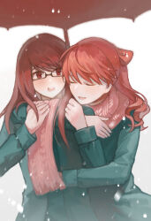 Rule 34 | 2girls, :o, bow, breath, closed eyes, coat, glasses, green coat, hair bow, holding, holding umbrella, hug, hug from behind, long hair, long sleeves, looking at another, mole, mole under eye, multiple girls, open mouth, persona, persona 5, persona 5 the royal, pink scarf, ponytail, rectangular eyewear, red bow, red eyes, red hair, scarf, siblings, simple background, sisters, smile, snowing, teeth, u u, umbrella, upper body, upper teeth only, user onekestrel, white background, yoshizawa kasumi&#039;s sister, yoshizawa sumire