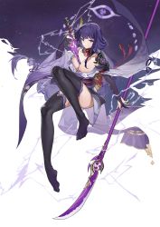 Rule 34 | 1girl, absurdres, black thighhighs, blunt bangs, breasts, cleavage, elbow gloves, fingerless gloves, full body, genshin impact, glaive (polearm), gloves, hair ornament, highres, human scabbard, large breasts, long hair, naginata, object on breast, paradox (parapa), polearm, purple eyes, purple hair, raiden shogun, solo, sword, thighhighs, weapon, zettai ryouiki