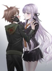 Rule 34 | 1boy, 1girl, absurdres, ass, black jacket, black pants, black ribbon, black skirt, blush, braid, brown hair, brown hoodie, chi (cncntikuwa), collared shirt, commentary request, danganronpa: trigger happy havoc, danganronpa (series), eye contact, gloves, gradient background, grey background, hair ribbon, hand on another&#039;s cheek, hand on another&#039;s face, highres, hood, hood down, hoodie, jacket, kirigiri kyoko, legs together, long hair, long sleeves, looking at another, naegi makoto, necktie, open clothes, open jacket, orange neckwear, pale skin, pants, pleated skirt, ribbon, shirt, short hair, side braid, skirt, white shirt