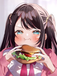 Rule 34 | 1girl, :t, absurdres, black hair, blue eyes, blurry, blush, bow, burger, colored inner hair, commentary request, depth of field, eating, fingernails, food, food on face, highres, holding, holding burger, holding food, hood, hoodie, jacket, kaga nazuna, long hair, long sleeves, looking at viewer, multicolored hair, pink hair, pink hoodie, pink jacket, pome charo, red bow, scrunchie, shirt, solo, streaked hair, swept bangs, two-tone hair, two side up, upper body, v-shaped eyebrows, virtual youtuber, vspo!, white shirt