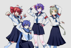 Rule 34 | 4girls, ahoge, android, arm over head, arm up, atarashii gakkou no leaders, black sailor collar, black skirt, blonde hair, blue eyes, blue hair, blue neckerchief, blunt bangs, blush, braid, braided ponytail, breasts, chis-a, clenched hand, closed mouth, colored inner hair, cosplay, drill hair, earpiece, facial mark, fang, genderswap, genderswap (mtf), green eyes, grey hair, hair between eyes, hand on own head, hand on own hip, hand up, highres, joints, kaiko, kaito (vocaloid), kasane teto, kasane teto (sv), kirune (voisona), kneehighs, kneeling, large breasts, long hair, long skirt, long sleeves, looking at viewer, medium hair, multicolored hair, multiple girls, neckerchief, nikorupurumie, open mouth, orange hair, otonablue, outstretched arms, parody, pleated skirt, purple hair, purple nails, red eyes, red hair, robot joints, safety pin, sailor collar, school uniform, serafuku, serious, shirt, short hair, simple background, skin fang, skirt, smile, smirk, socks, spread arms, standing, streaked hair, synthesizer v, twin drills, utau, v-shaped eyebrows, vocaloid, voisona, white background, white shirt, yellow eyes