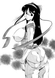 Rule 34 | 1girl, ainu clothes, ass, breasts, breasts out, butt crack, clothes pull, fingerless gloves, gloves, hair ribbon, highres, large breasts, long hair, looking at viewer, looking back, monochrome, nakoruru, nipples, pants, pants pull, ribbon, samurai spirits, sideboob, smile, snk, solo, tokisaka mugi, y shaped butt crack