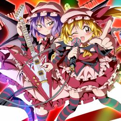Rule 34 | 2girls, alternate costume, ascot, bare shoulders, bat wings, blush, bracelet, bwell, commentary request, detached sleeves, dress, electric guitar, fang, flandre scarlet, frilled dress, frills, guitar, hat, hat ribbon, instrument, jewelry, layered dress, light purple hair, looking at viewer, microphone, mob cap, multiple girls, one eye closed, open mouth, plectrum, pointing, pointing at viewer, red background, red eyes, remilia scarlet, ribbon, scarlet devil mansion, short hair, siblings, sisters, smile, striped clothes, striped legwear, striped thighhighs, thighhighs, touhou, wings