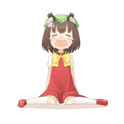 Rule 34 | 1girl, animal ears, blush, brown hair, cat ears, cat girl, chen, child, closed eyes, crying, female focus, hat, nakashino setsu, open mouth, short hair, simple background, solo, tears, touhou, white background