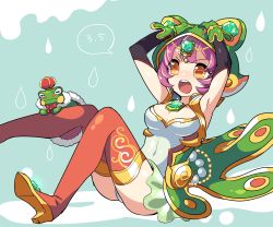 Rule 34 | 1girl, armpits, bad id, bad pixiv id, blush, boots, breasts, brooch, cameo (p&amp;d), cape, circlet, cleavage, covered navel, covering head, crown, dated, frog, gem, gloves, green gloves, high heel boots, high heels, highres, hood, horizontal pupils, jewelry, kozakura (dictionary), leotard, open mouth, orange eyes, purple eyes, puzzle &amp; dragons, red footwear, short hair, sitting, solo, speech bubble, thigh boots, thighhighs, waist cape, water drop