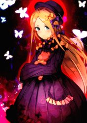 Rule 34 | 1girl, abigail williams (fate), black dress, black hat, blonde hair, blush, bow, bug, butterfly, dress, fate/grand order, fate (series), green eyes, hair bow, hat, hugging object, insect, long hair, looking at viewer, nanasumi (pantie party project), orange bow, parted bangs, purple bow, sleeves past fingers, sleeves past wrists, solo, stuffed animal, stuffed toy, teddy bear, very long hair