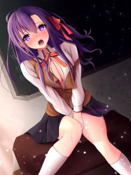 Rule 34 | 1girl, ahoge, bad id, bad pixiv id, between legs, black skirt, blush, breasts, brown vest, chalkboard, classroom, cleavage, commentary request, dutch angle, earrings, fate (series), hair ribbon, hand between legs, heart, heart-shaped pupils, highres, homurahara academy school uniform, jewelry, kannko bokujou, kneehighs, large breasts, light particles, long hair, long sleeves, looking at viewer, matou sakura, miniskirt, neck ribbon, no bra, off shoulder, open mouth, partially unbuttoned, parvati (fate), purple eyes, purple hair, red ribbon, ribbon, school, school uniform, shirt, sitting, skirt, socks, solo, symbol-shaped pupils, v arms, vest, white shirt, white socks